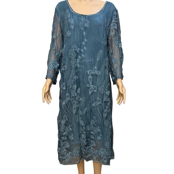Soft Surroundings Starling Dress XL Floral Embroidery Silk Blue Boho Shift - Picture 1 of 7